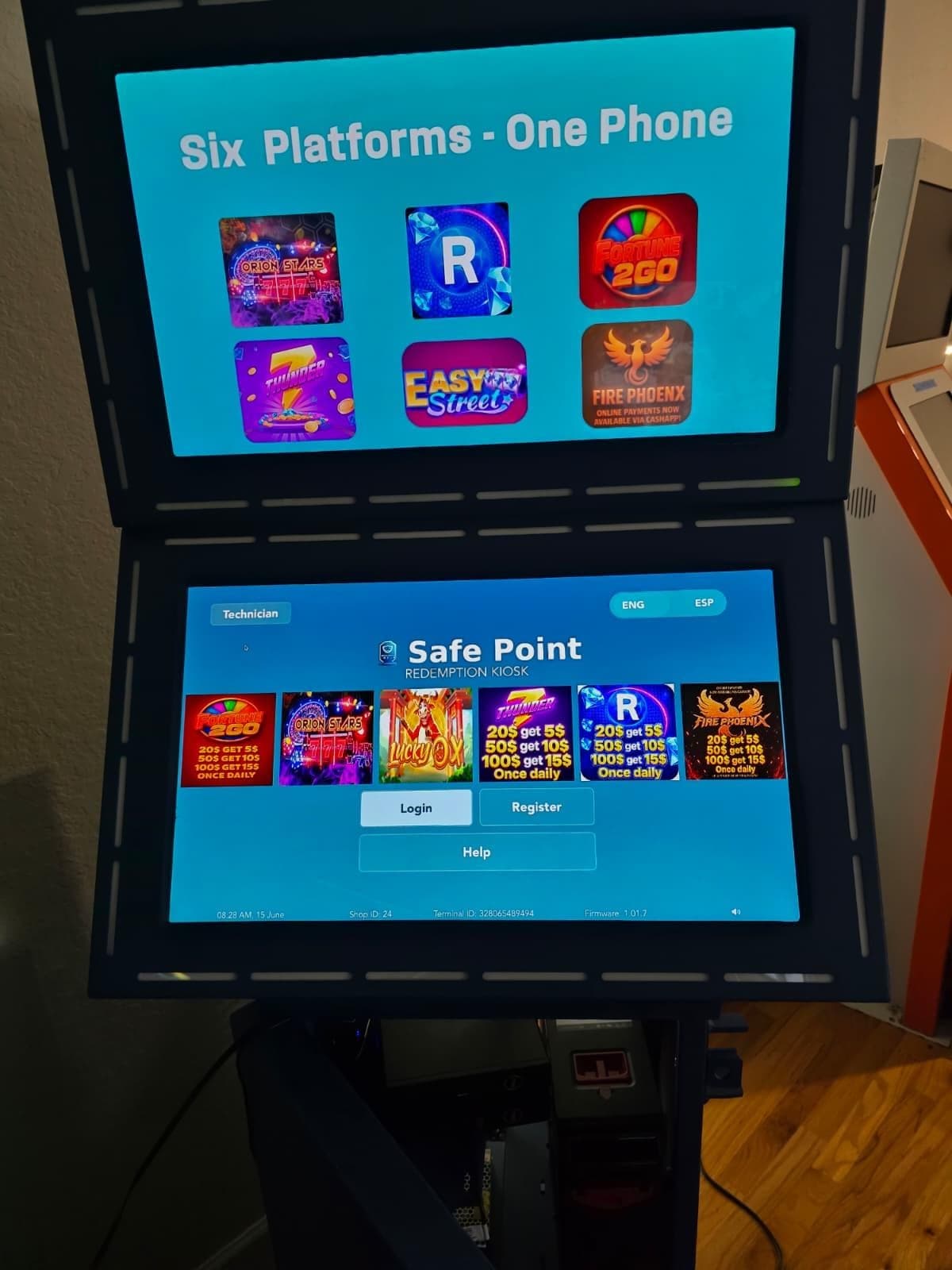 SafePoint Kiosk dual-screen unit showing the game selection screen
